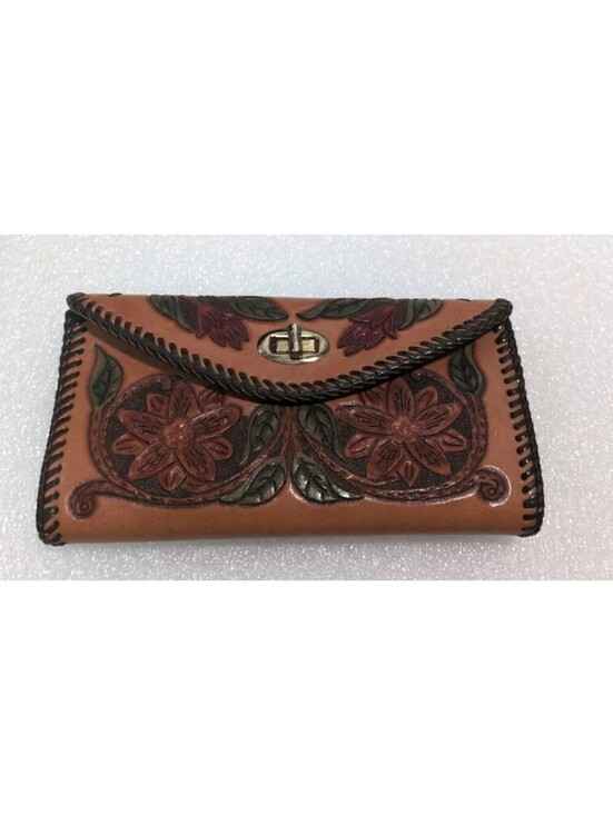 Vintage Handbags - Floral Brown Genuine Leather Vintage Hand-Tooled Clutch/Wallet "SM" Initials